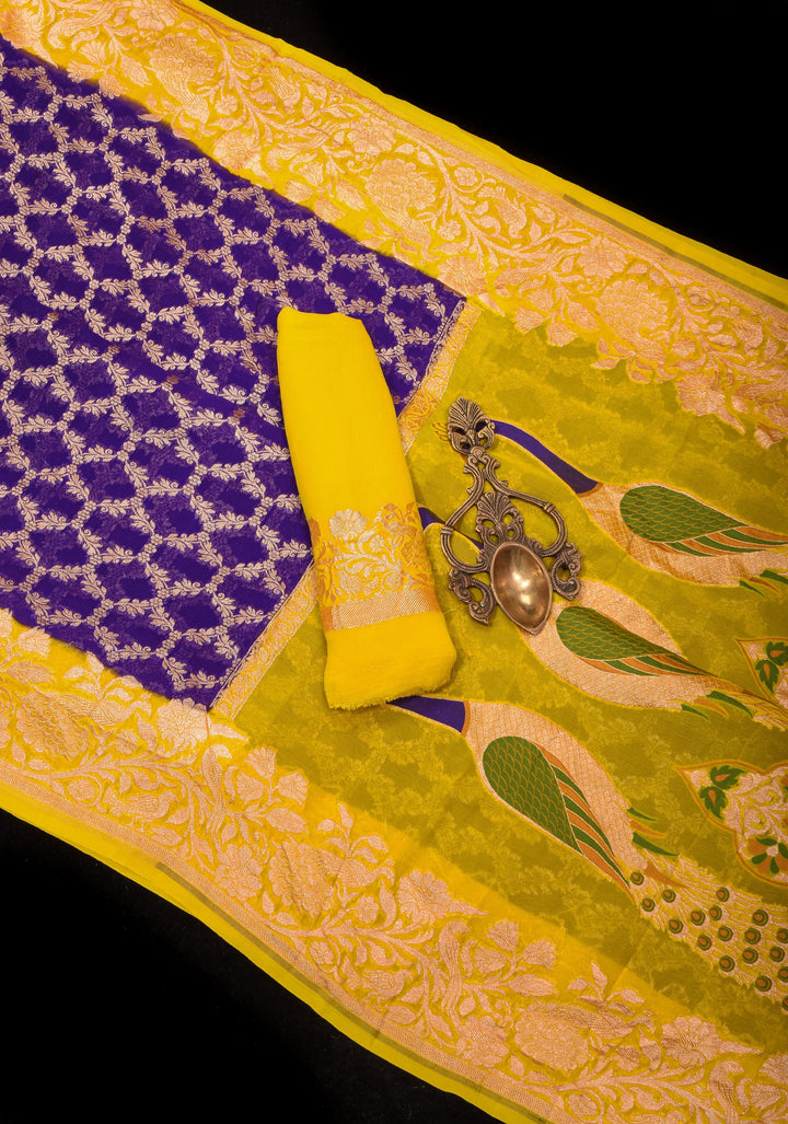 Purple Banarasi Silk Georgette Saree with Jaal Zari and Resplendent Peacock Meenakari Pallu | SILK MARK CERTIFIED