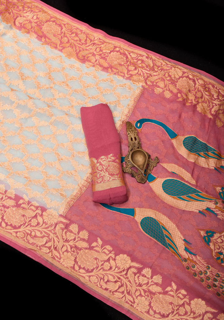 Light Aqua Blue Banarasi Silk Georgette Saree with Jaal Zari and Resplendent Peacock Meenakari Pallu | SILK MARK CERTIFIED