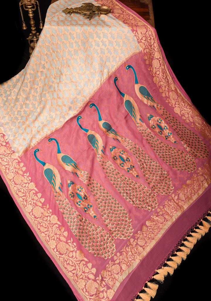 Light Aqua Blue Banarasi Silk Georgette Saree with Jaal Zari and Resplendent Peacock Meenakari Pallu | SILK MARK CERTIFIED