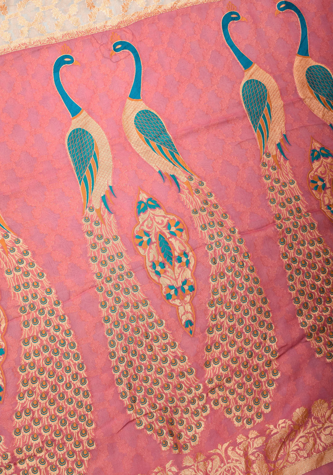 Light Aqua Blue Banarasi Silk Georgette Saree with Jaal Zari and Resplendent Peacock Meenakari Pallu | SILK MARK CERTIFIED