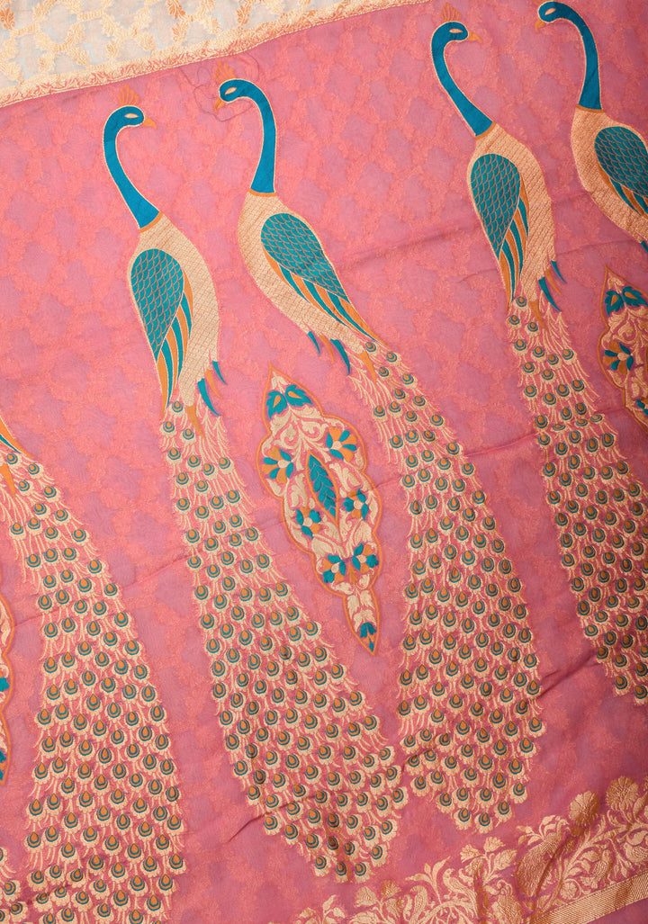 Light Aqua Blue Banarasi Silk Georgette Saree with Jaal Zari and Resplendent Peacock Meenakari Pallu | SILK MARK CERTIFIED