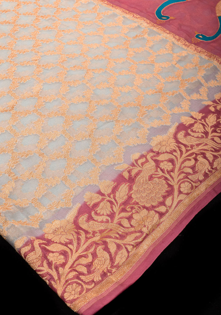 Light Aqua Blue Banarasi Silk Georgette Saree with Jaal Zari and Resplendent Peacock Meenakari Pallu | SILK MARK CERTIFIED