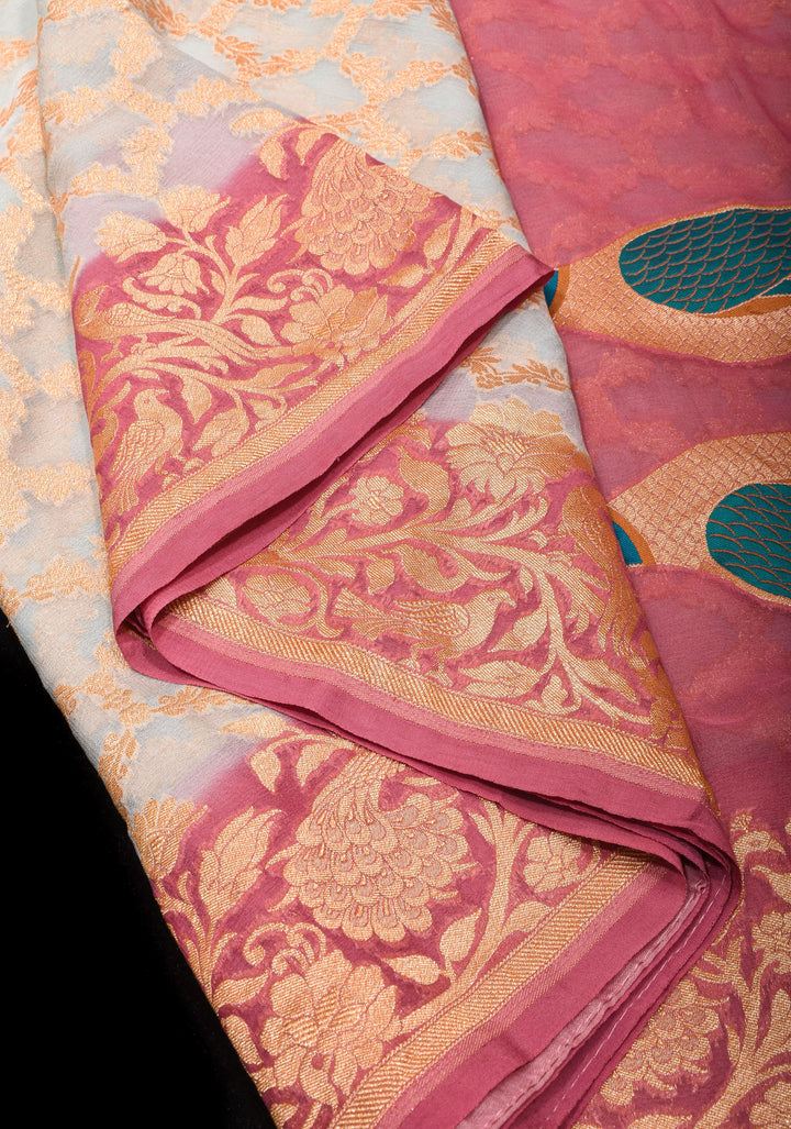 Light Aqua Blue Banarasi Silk Georgette Saree with Jaal Zari and Resplendent Peacock Meenakari Pallu | SILK MARK CERTIFIED