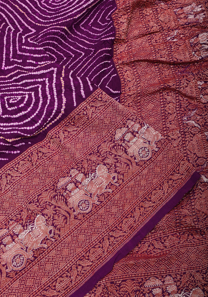 Plum sarkam bandhej geometric design with dense alfi zari detailing | SILK MARK CERTIFIED