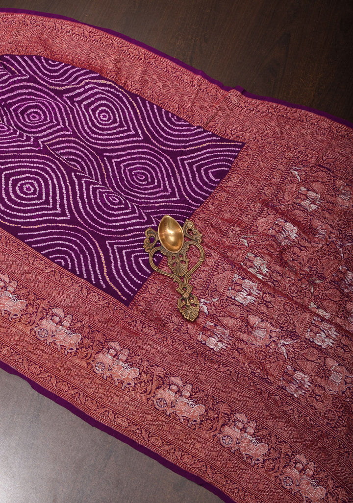 Plum sarkam bandhej geometric design with dense alfi zari detailing | SILK MARK CERTIFIED