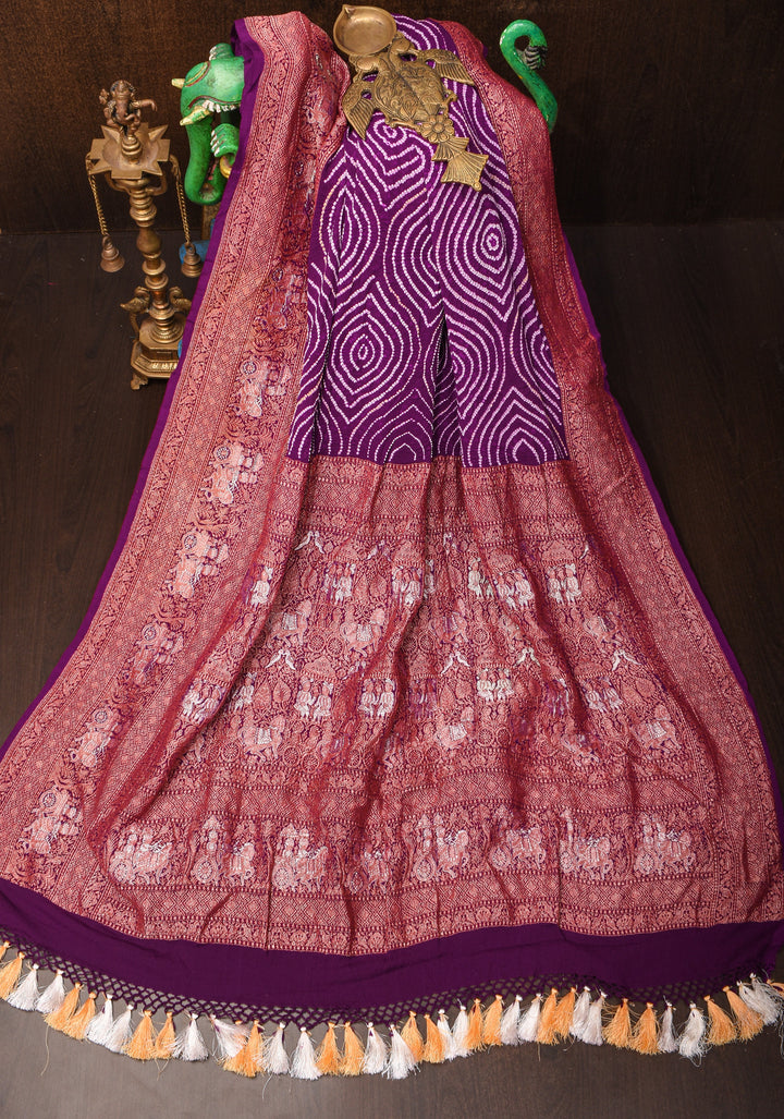 Plum sarkam bandhej geometric design with dense alfi zari detailing | SILK MARK CERTIFIED