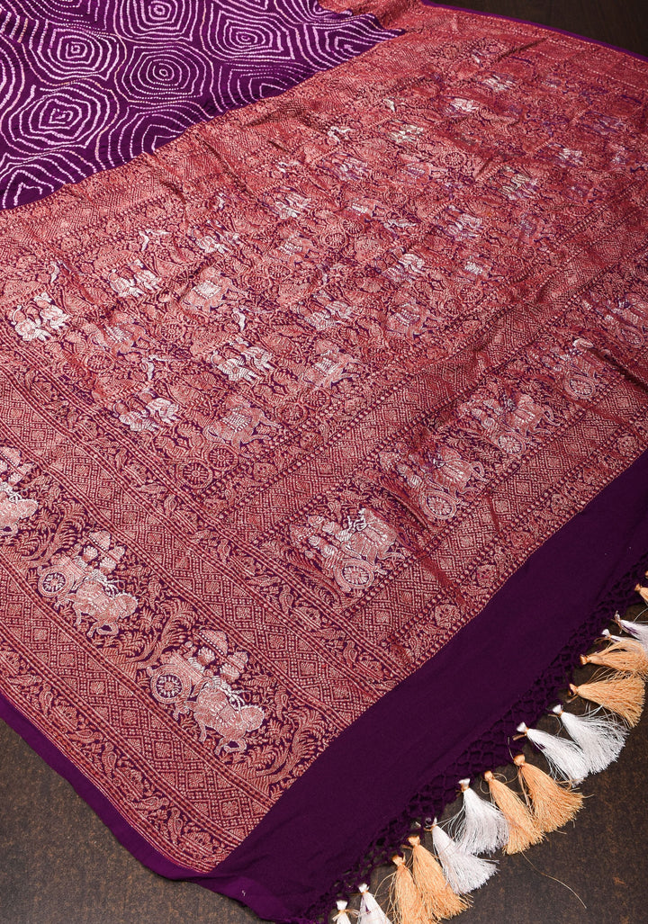 Plum sarkam bandhej geometric design with dense alfi zari detailing | SILK MARK CERTIFIED