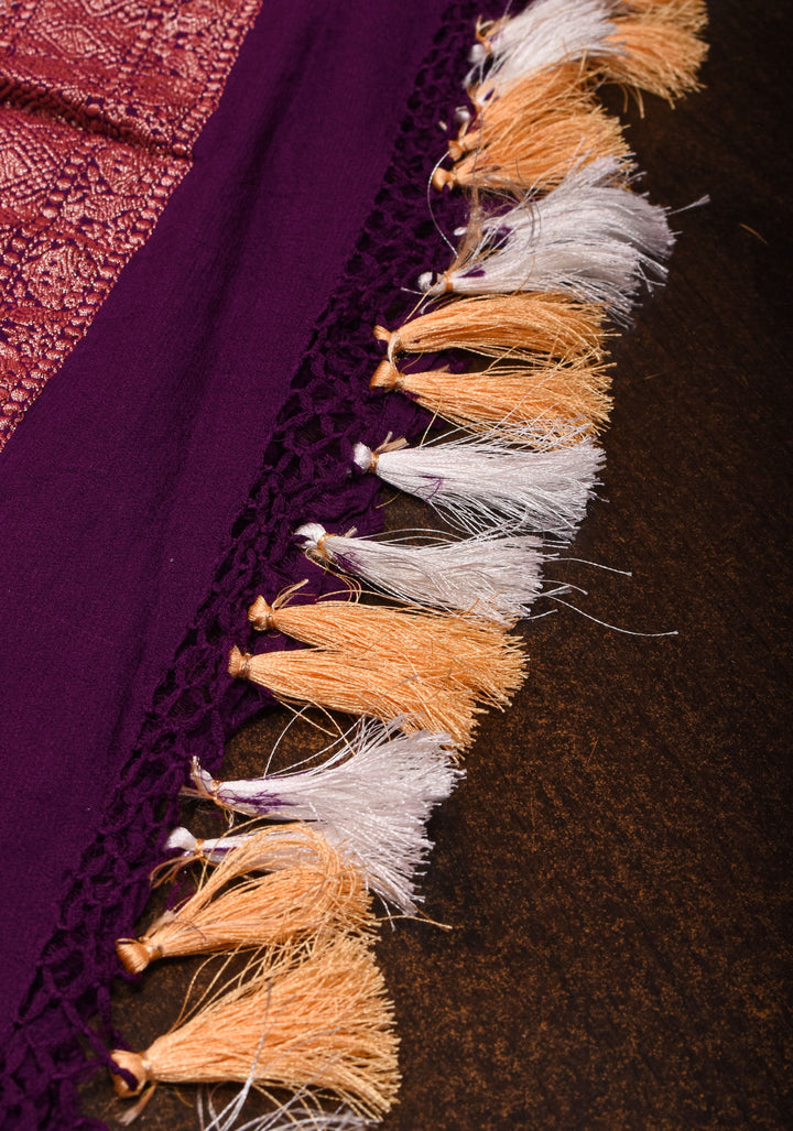 Plum sarkam bandhej geometric design with dense alfi zari detailing | SILK MARK CERTIFIED