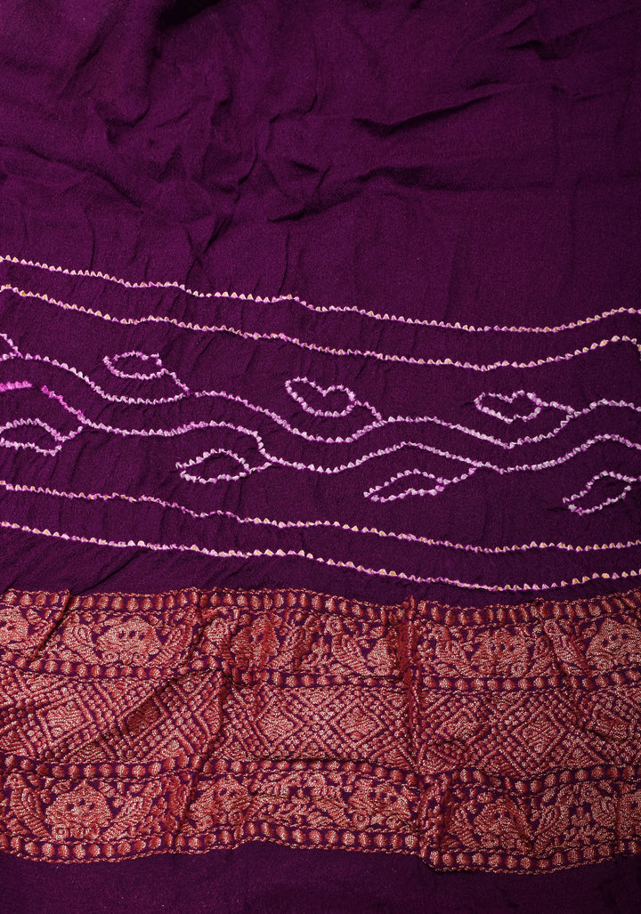 Plum sarkam bandhej geometric design with dense alfi zari detailing | SILK MARK CERTIFIED