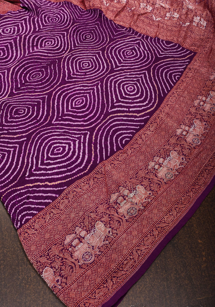 Plum sarkam bandhej geometric design with dense alfi zari detailing | SILK MARK CERTIFIED