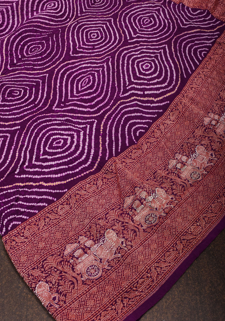 Plum sarkam bandhej geometric design with dense alfi zari detailing | SILK MARK CERTIFIED