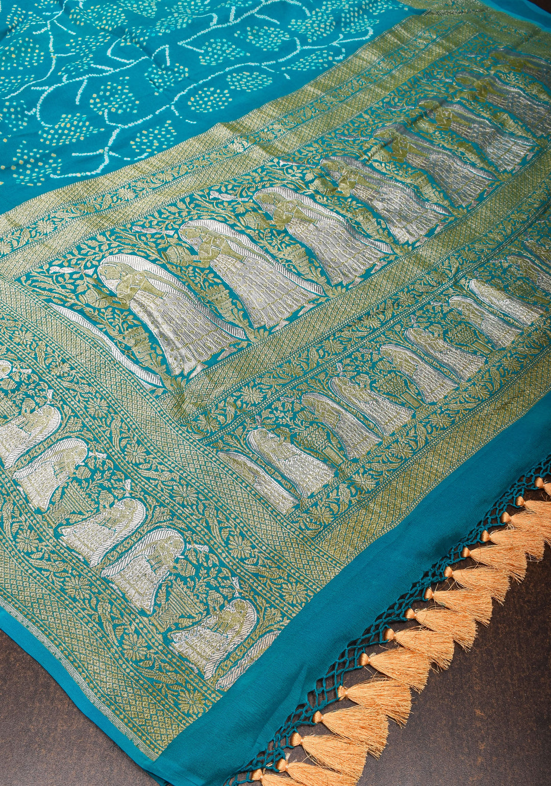 Tree design exquisite sarkam bandhej on pure silk Georgette in blue with Alfi zari detailing, SILK MARK CERTIFIED