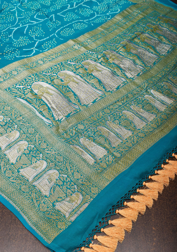 Tree design exquisite sarkam bandhej on pure silk Georgette in blue with Alfi zari detailing, SILK MARK CERTIFIED