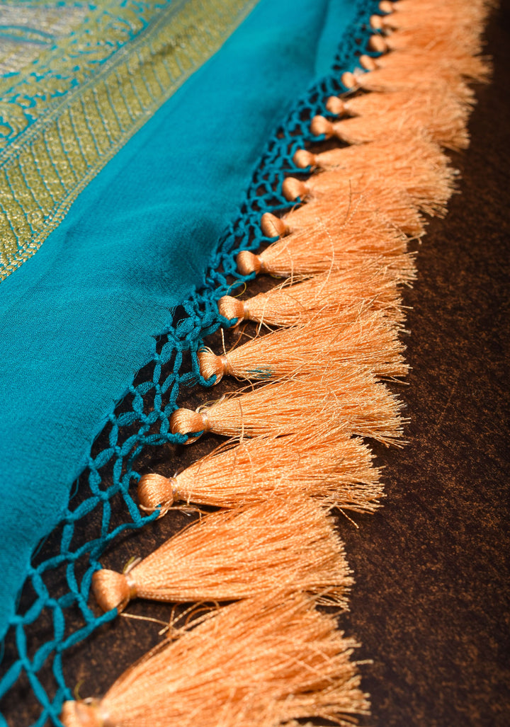 Tree design exquisite sarkam bandhej on pure silk Georgette in blue with Alfi zari detailing, SILK MARK CERTIFIED