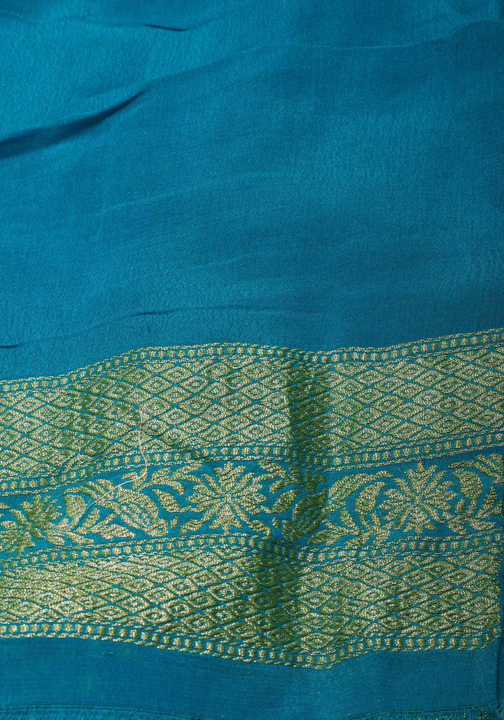 Tree design exquisite sarkam bandhej on pure silk Georgette in blue with Alfi zari detailing, SILK MARK CERTIFIED