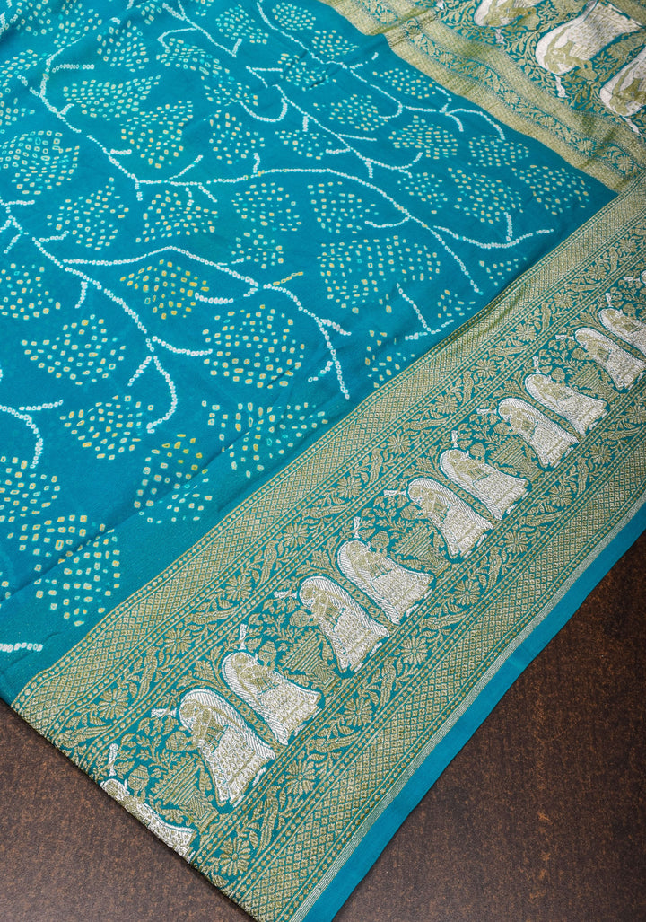 Tree design exquisite sarkam bandhej on pure silk Georgette in blue with Alfi zari detailing, SILK MARK CERTIFIED