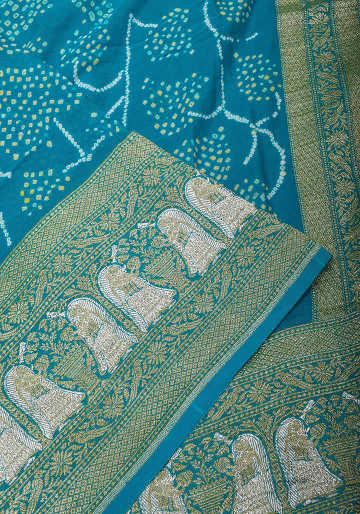 Tree design exquisite sarkam bandhej on pure silk Georgette in blue with Alfi zari detailing, SILK MARK CERTIFIED