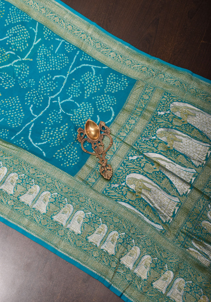 Tree design exquisite sarkam bandhej on pure silk Georgette in blue with Alfi zari detailing, SILK MARK CERTIFIED