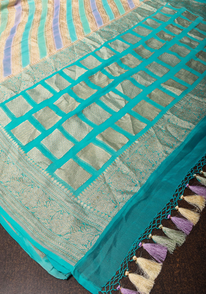 Hand Brush Dye on Pure Silk Georgette Saree with Leheria Antique Zari Jaal  | SILK MARK CERTIFIED