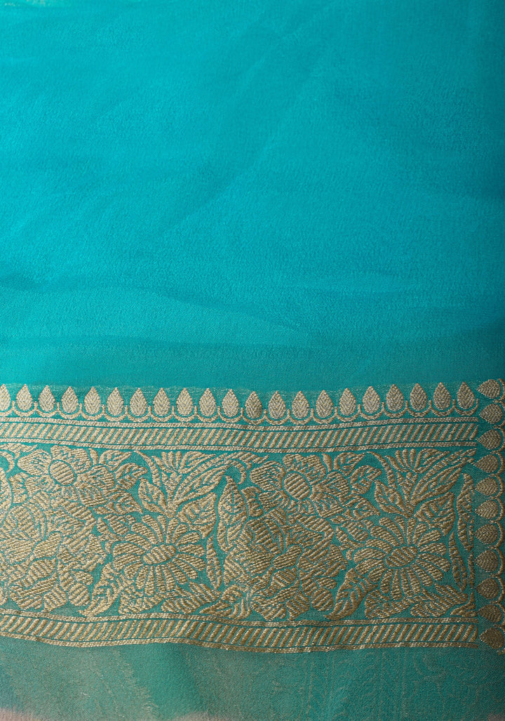 Hand Brush Dye on Pure Silk Georgette Saree with Leheria Antique Zari Jaal  | SILK MARK CERTIFIED