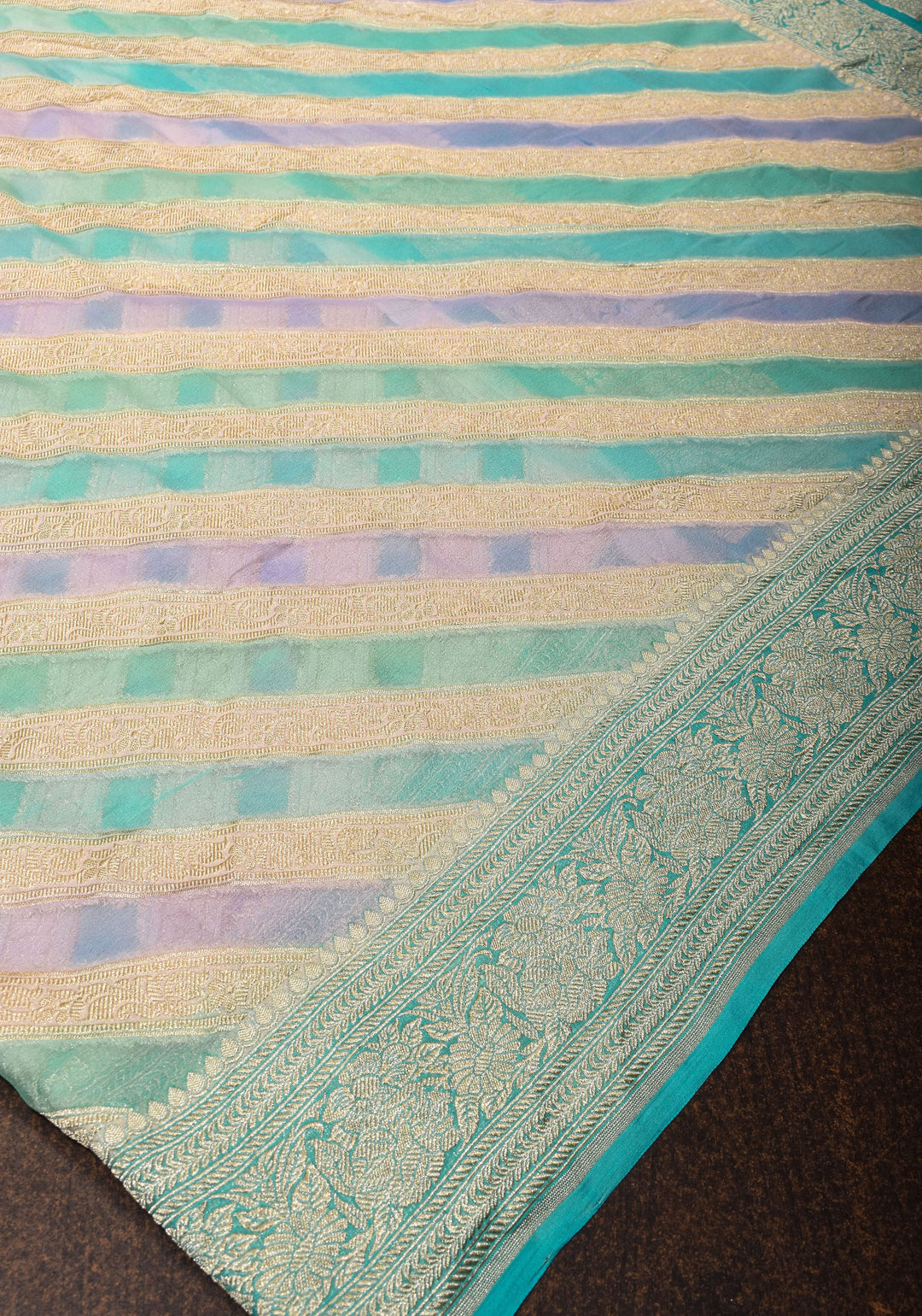 Hand Brush Dye on Pure Silk Georgette Saree with Leheria Antique Zari Jaal  | SILK MARK CERTIFIED