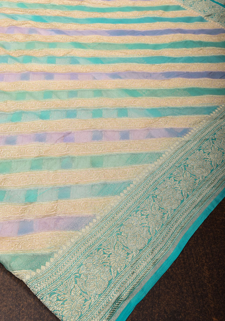 Hand Brush Dye on Pure Silk Georgette Saree with Leheria Antique Zari Jaal  | SILK MARK CERTIFIED