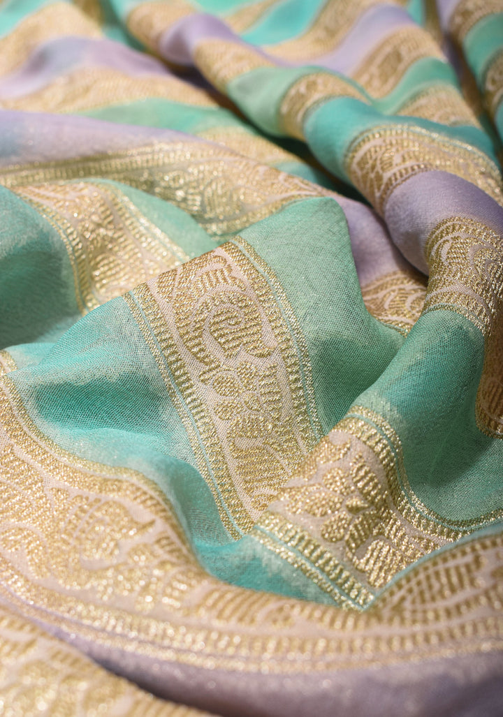Hand Brush Dye on Pure Silk Georgette Saree with Leheria Antique Zari Jaal  | SILK MARK CERTIFIED