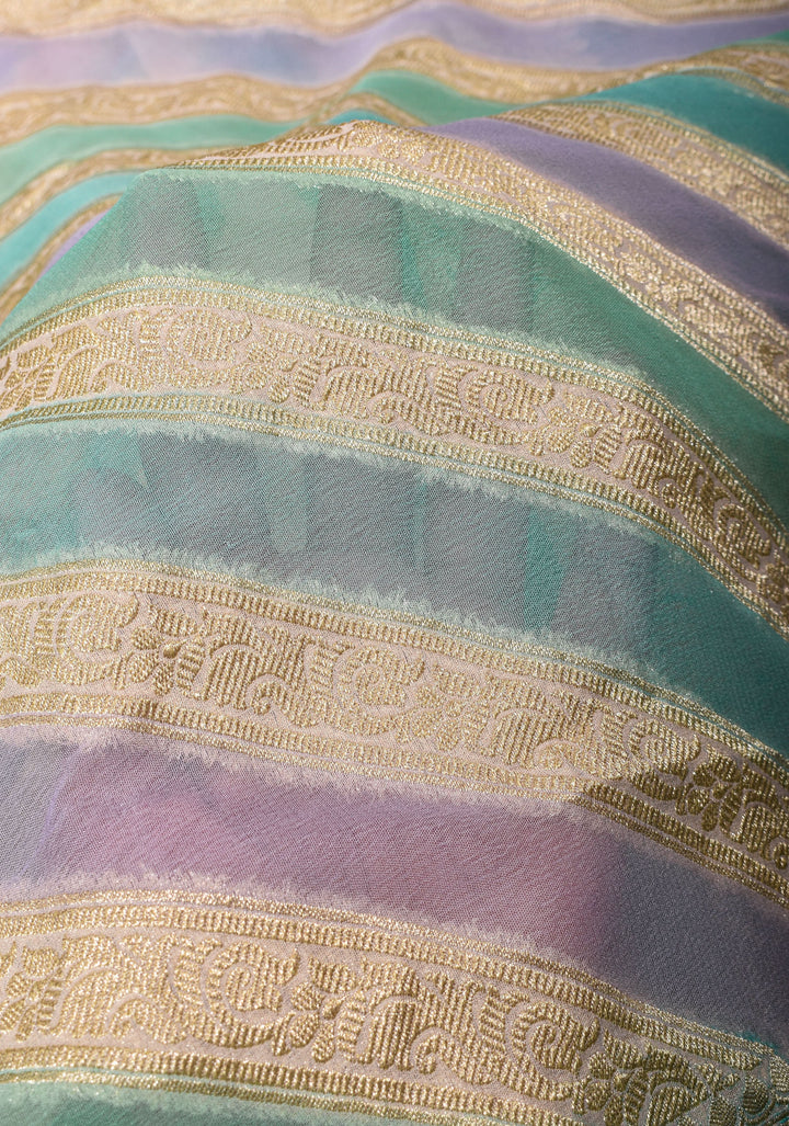 Hand Brush Dye on Pure Silk Georgette Saree with Leheria Antique Zari Jaal  | SILK MARK CERTIFIED