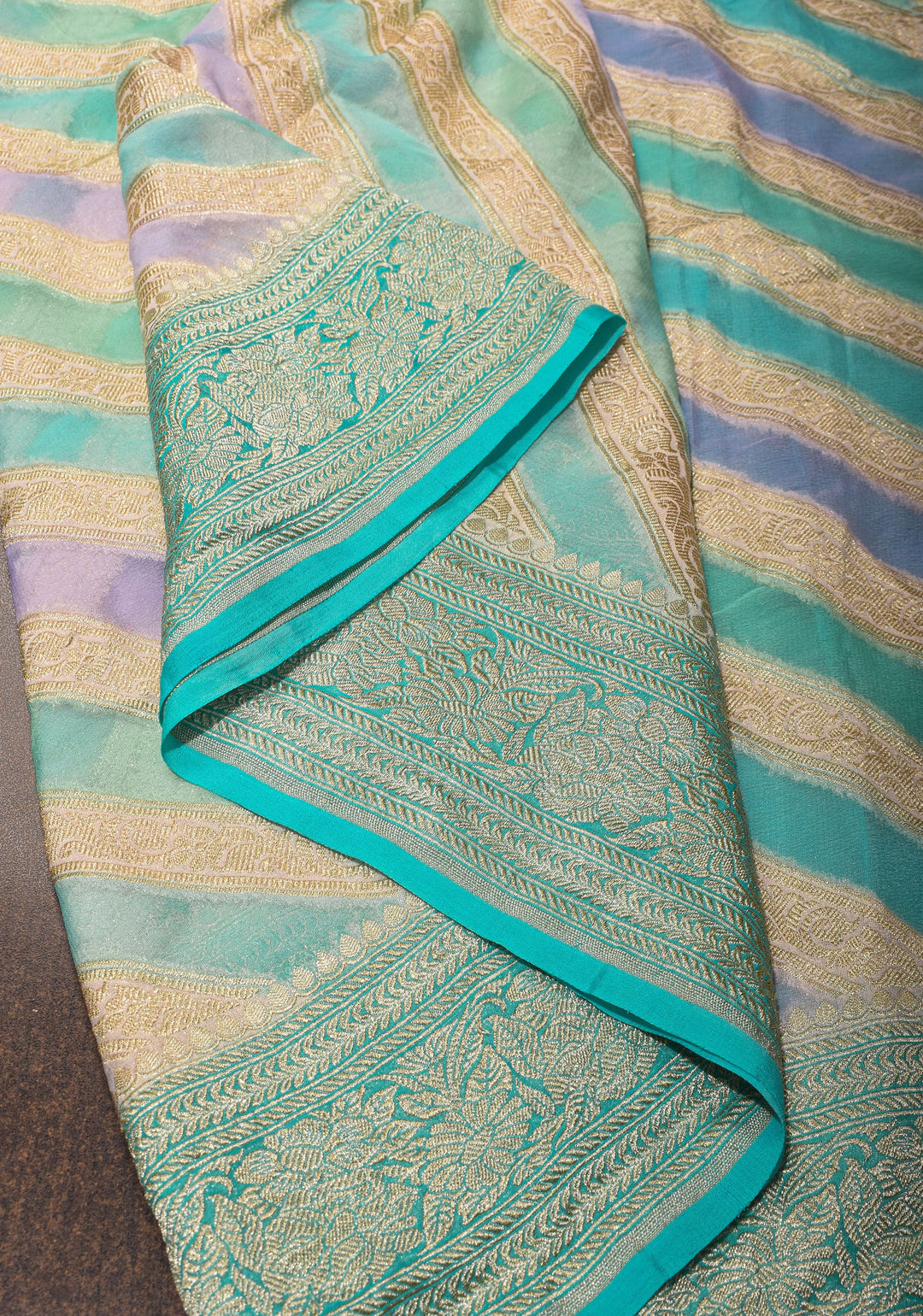 Hand Brush Dye on Pure Silk Georgette Saree with Leheria Antique Zari Jaal  | SILK MARK CERTIFIED