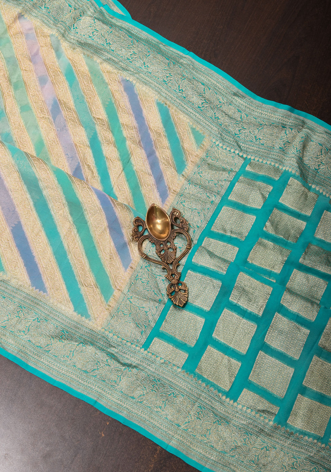 Hand Brush Dye on Pure Silk Georgette Saree with Leheria Antique Zari Jaal  | SILK MARK CERTIFIED
