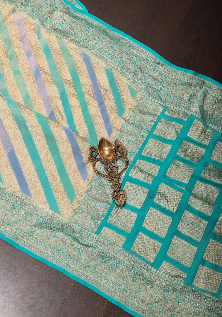 Hand Brush Dye on Pure Silk Georgette Saree with Leheria Antique Zari Jaal  | SILK MARK CERTIFIED