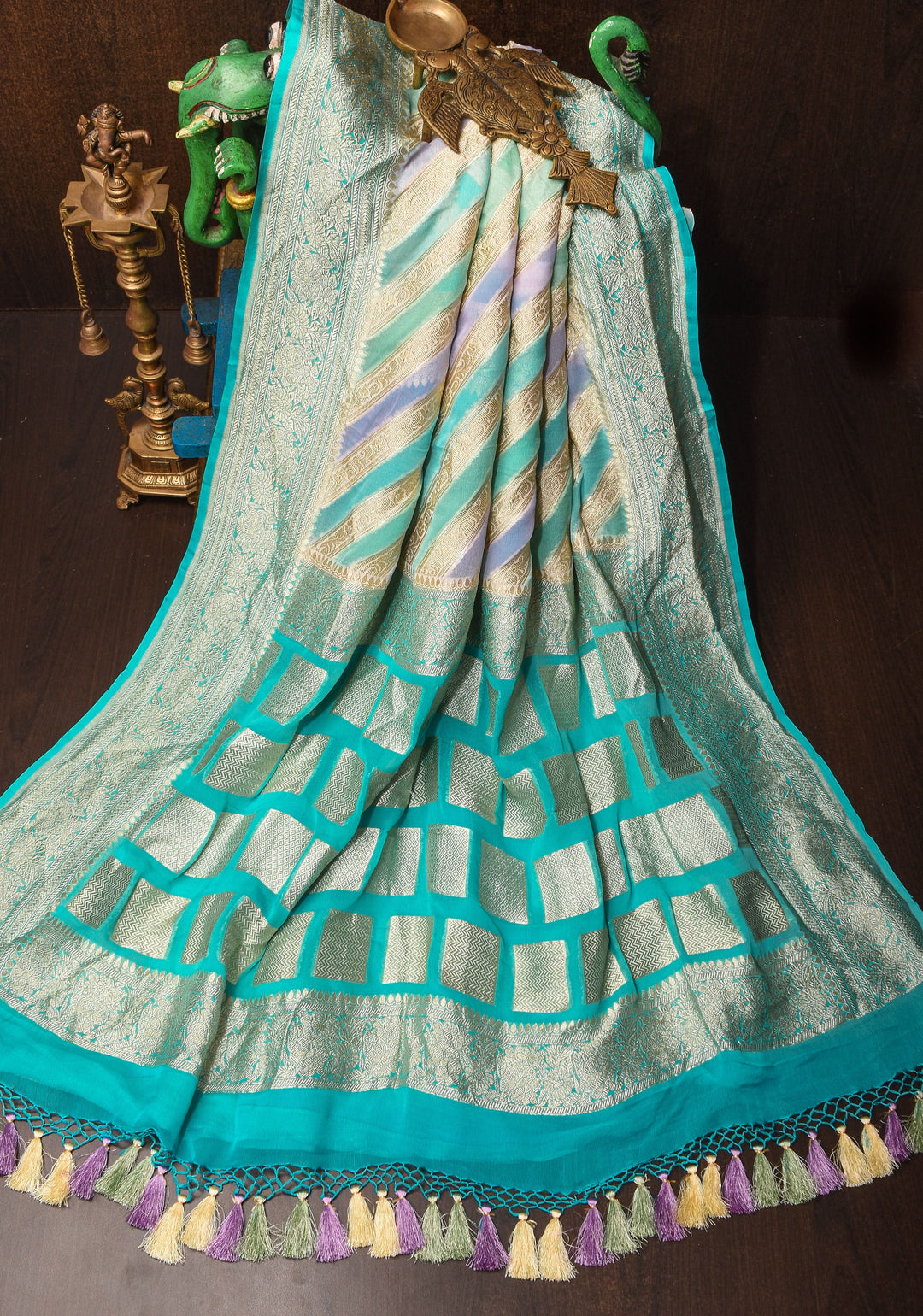 Hand Brush Dye on Pure Silk Georgette Saree with Leheria Antique Zari Jaal  | SILK MARK CERTIFIED