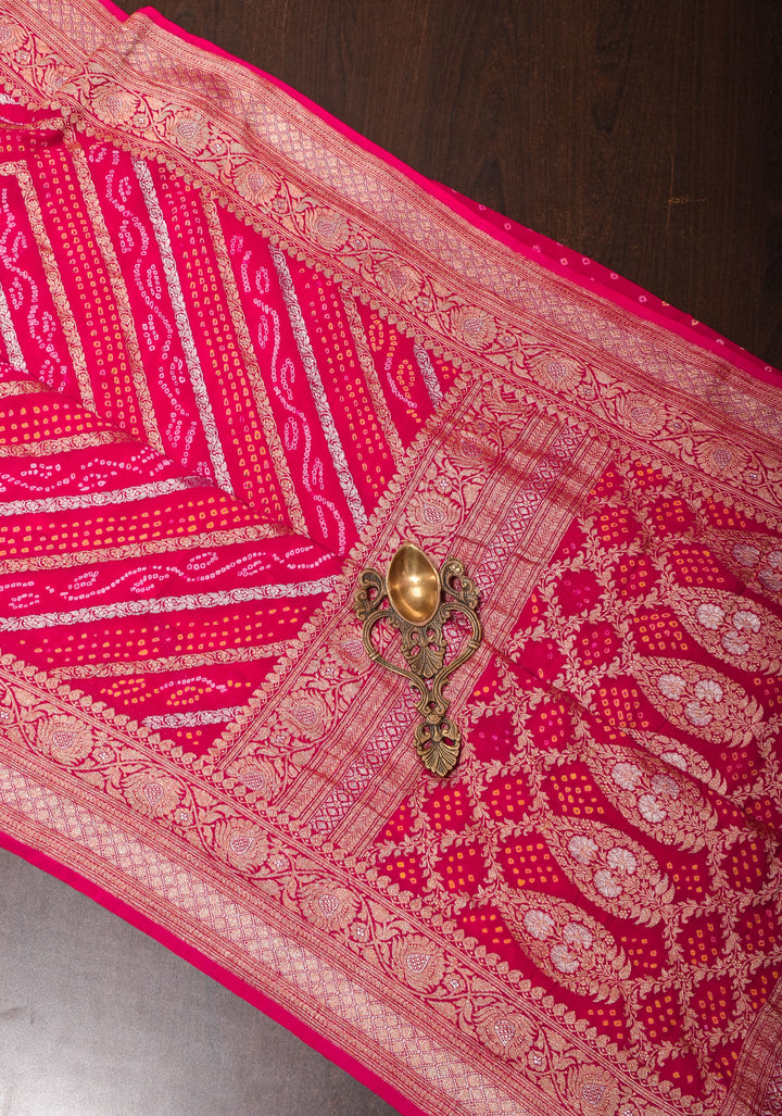 Exquisite Red geometric Zari Heal Sarkam bandhej on pure silk Banarasi georgette Saree | SILK MARK CERTIFIED