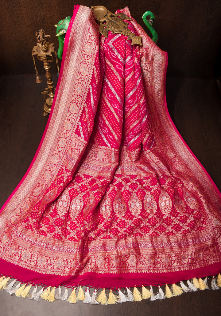 Exquisite Red geometric Zari Heal Sarkam bandhej on pure silk Banarasi georgette Saree | SILK MARK CERTIFIED