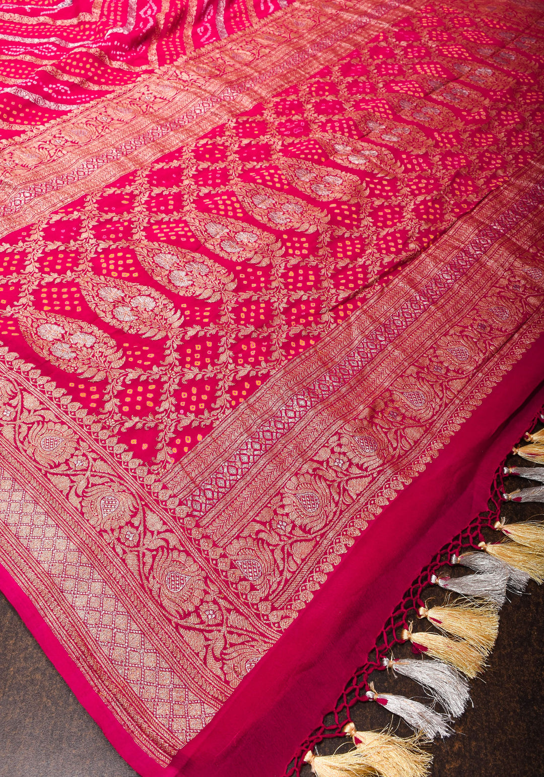 Exquisite Red geometric Zari Heal Sarkam bandhej on pure silk Banarasi georgette Saree | SILK MARK CERTIFIED