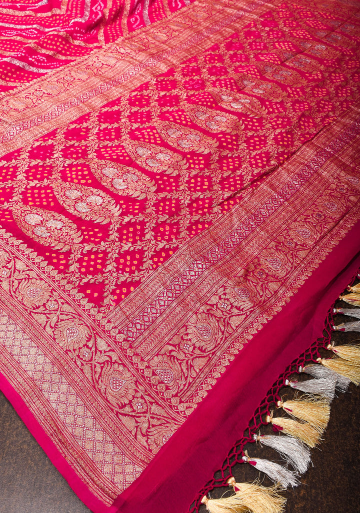 Exquisite Red geometric Zari Heal Sarkam bandhej on pure silk Banarasi georgette Saree | SILK MARK CERTIFIED