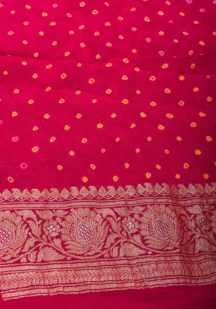 Exquisite Red geometric Zari Heal Sarkam bandhej on pure silk Banarasi georgette Saree | SILK MARK CERTIFIED