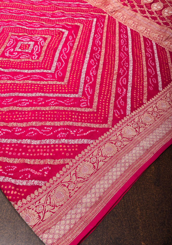 Exquisite Red geometric Zari Heal Sarkam bandhej on pure silk Banarasi georgette Saree | SILK MARK CERTIFIED