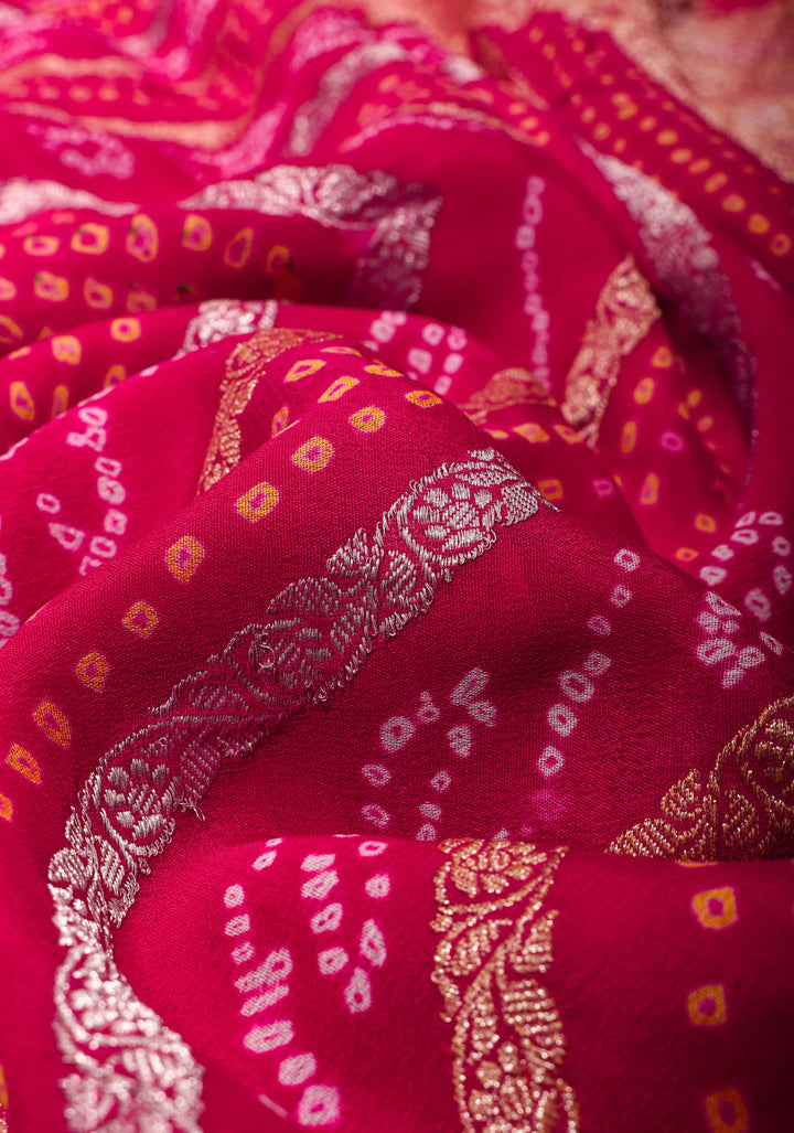 Exquisite Red geometric Zari Heal Sarkam bandhej on pure silk Banarasi georgette Saree | SILK MARK CERTIFIED