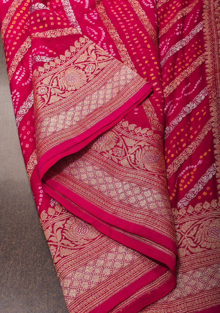 Exquisite Red geometric Zari Heal Sarkam bandhej on pure silk Banarasi georgette Saree | SILK MARK CERTIFIED