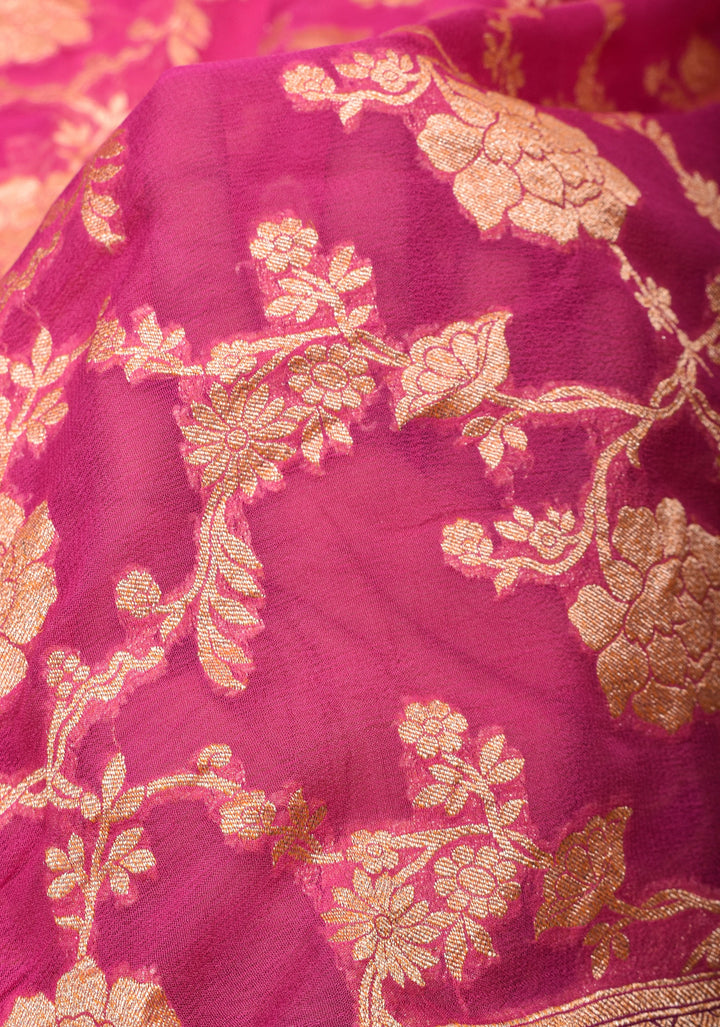 Raspberry Pink Authentic Banarasi Silk Georgette Saree with Floral Jaal and Koniya Motifs and Zari Border | SILK MARK CERTIFIED