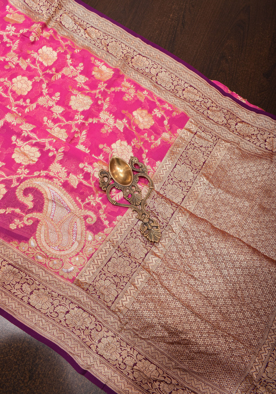 Raspberry Pink Authentic Banarasi Silk Georgette Saree with Floral Jaal and Koniya Motifs and Zari Border | SILK MARK CERTIFIED