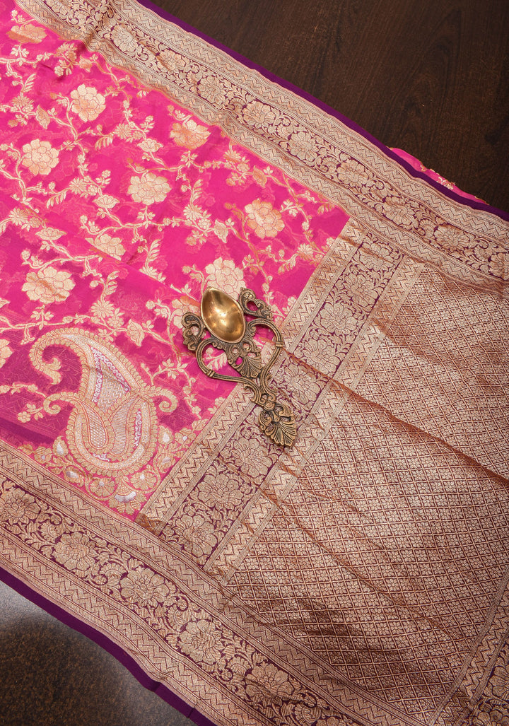 Raspberry Pink Authentic Banarasi Silk Georgette Saree with Floral Jaal and Koniya Motifs and Zari Border | SILK MARK CERTIFIED