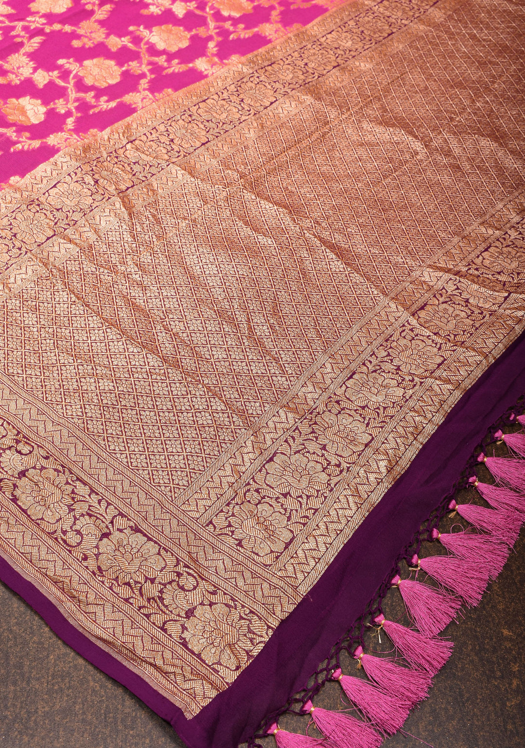 Raspberry Pink Authentic Banarasi Silk Georgette Saree with Floral Jaal and Koniya Motifs and Zari Border | SILK MARK CERTIFIED