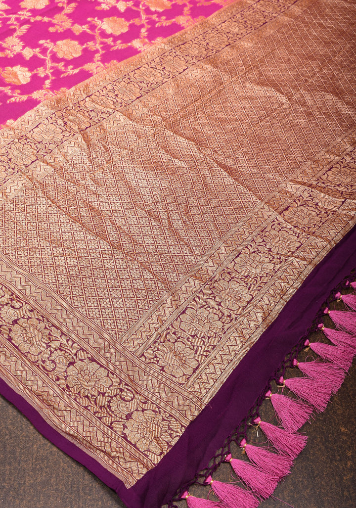 Raspberry Pink Authentic Banarasi Silk Georgette Saree with Floral Jaal and Koniya Motifs and Zari Border | SILK MARK CERTIFIED