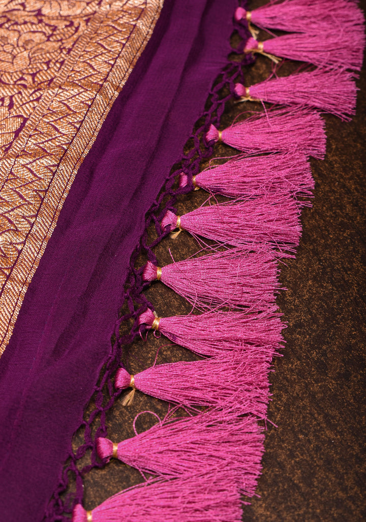 Raspberry Pink Authentic Banarasi Silk Georgette Saree with Floral Jaal and Koniya Motifs and Zari Border | SILK MARK CERTIFIED