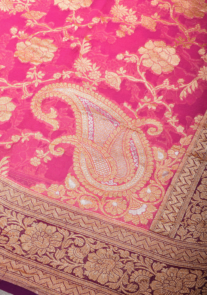 Raspberry Pink Authentic Banarasi Silk Georgette Saree with Floral Jaal and Koniya Motifs and Zari Border | SILK MARK CERTIFIED
