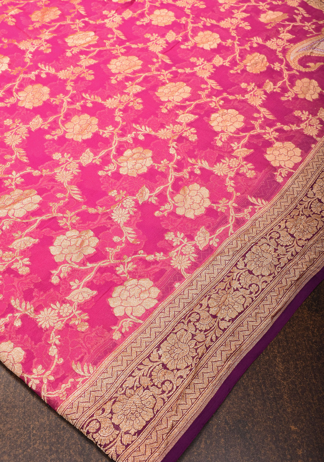 Raspberry Pink Authentic Banarasi Silk Georgette Saree with Floral Jaal and Koniya Motifs and Zari Border | SILK MARK CERTIFIED