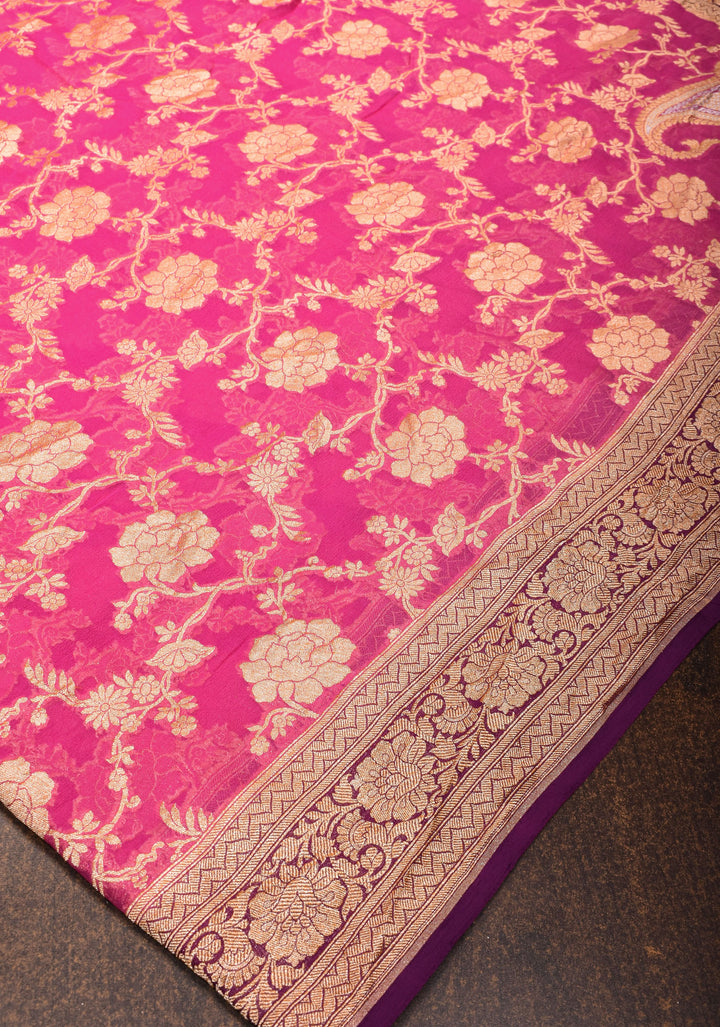 Raspberry Pink Authentic Banarasi Silk Georgette Saree with Floral Jaal and Koniya Motifs and Zari Border | SILK MARK CERTIFIED