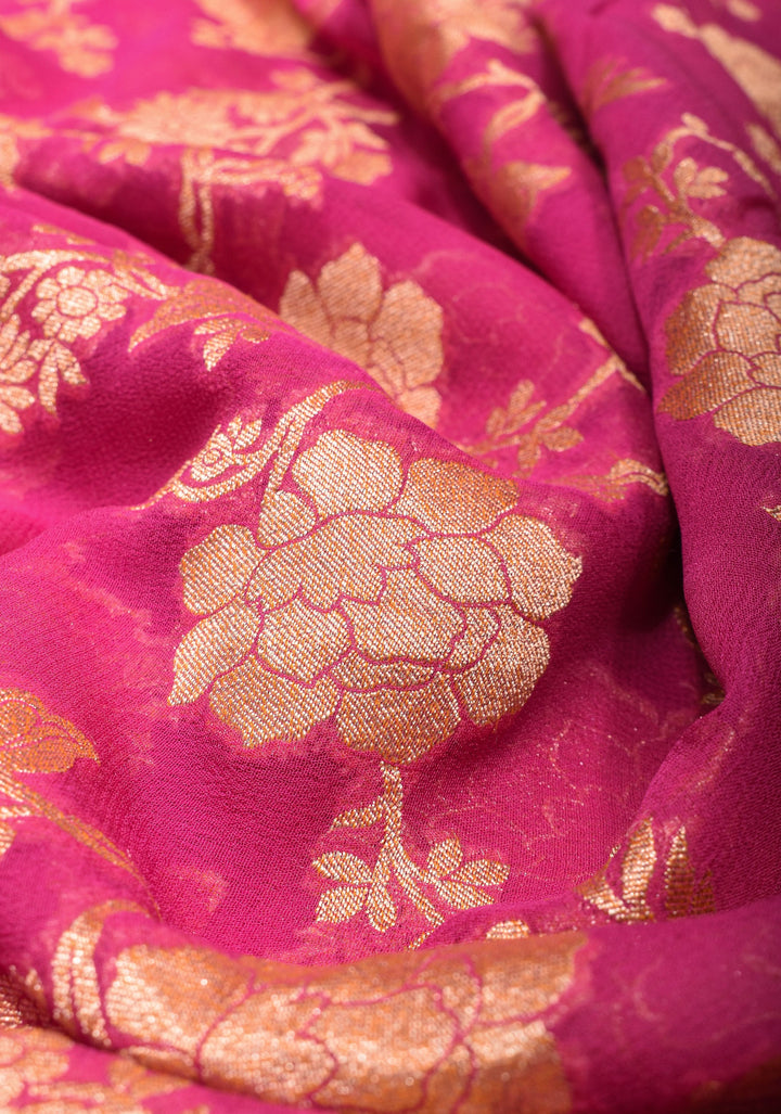 Raspberry Pink Authentic Banarasi Silk Georgette Saree with Floral Jaal and Koniya Motifs and Zari Border | SILK MARK CERTIFIED